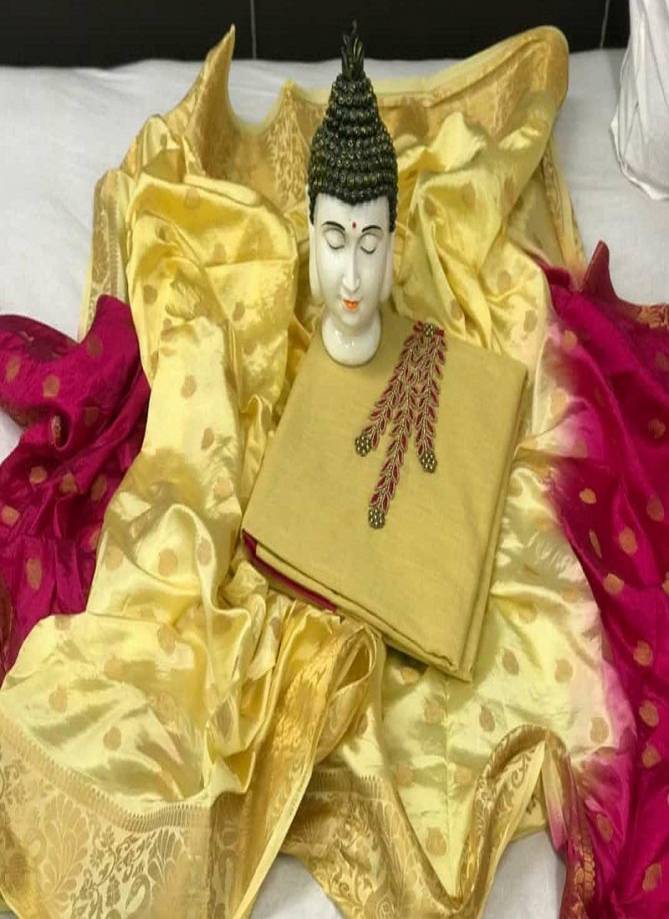 Naari Latest Festive Wear Hand Work Cotton South Slub Dress Material With Banarasi Dupatta  